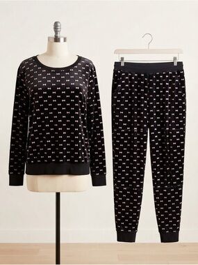 KATE SPADE New York Black Pink Bows Plush Velour Pajama Lounge Set SIZE LARGE
